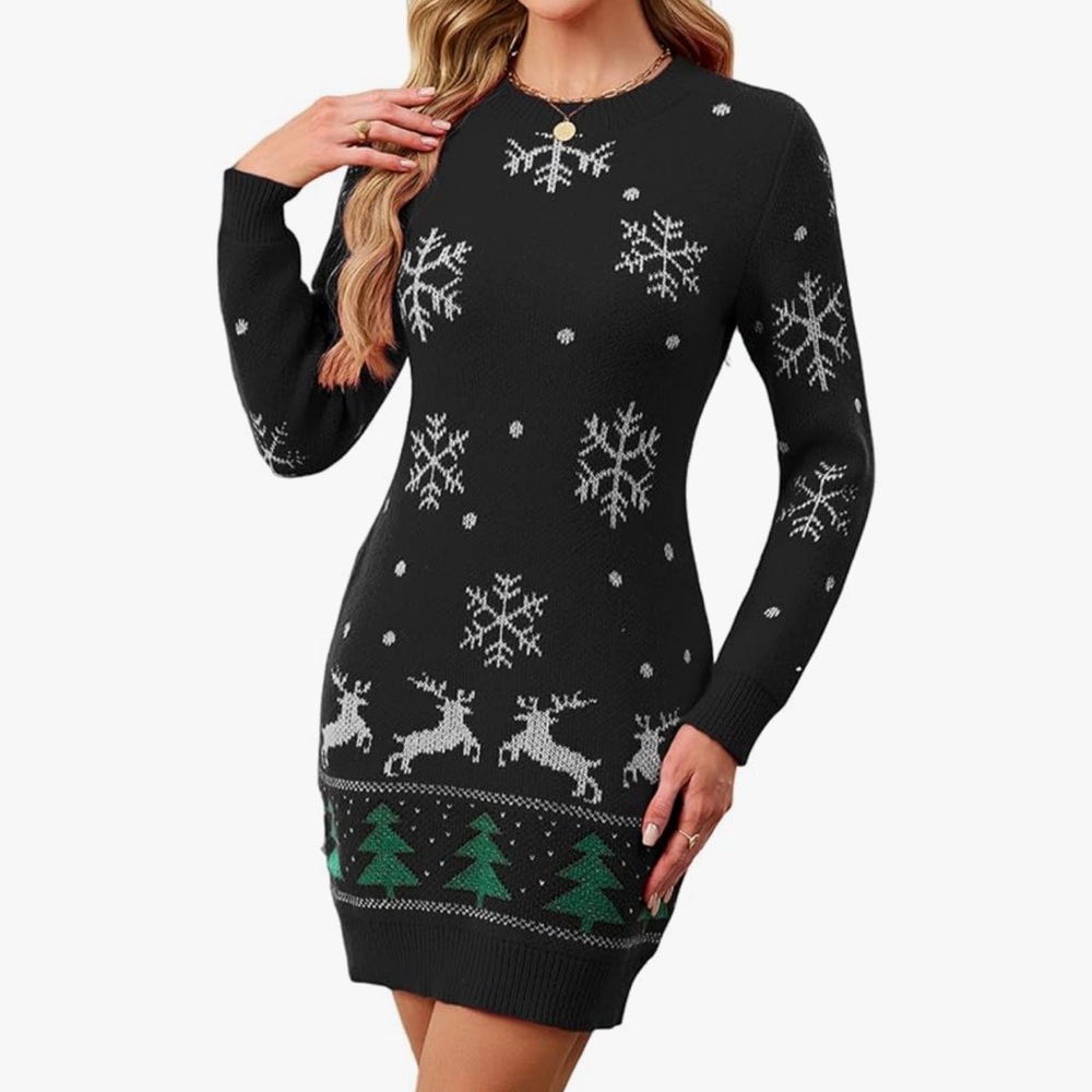 Black and Green Winter Dress with Snowflake Design